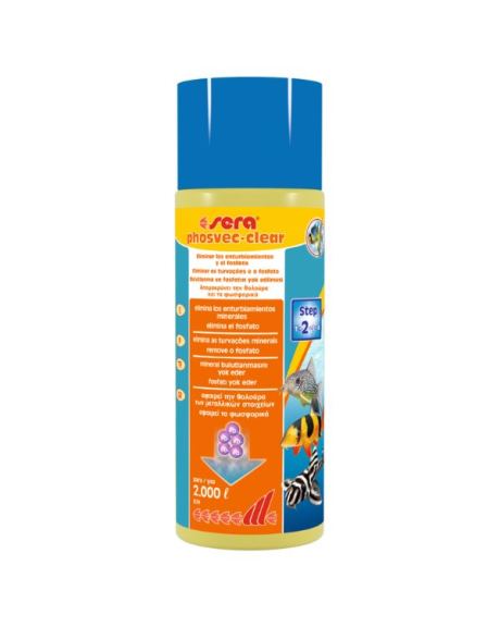 sera phosvec clear aglutina imediatamente as turvações, de modo que podem ser retidas pelo filtro. Ao mesmo tempo, remove o excesso de fosfato, evitando assim a proliferação de algas. Para uma água pura e cristalina, de modo duradouro.