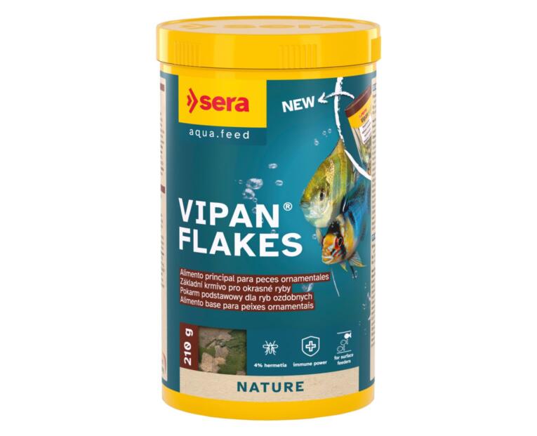 Sera Vipan Flakes alimento completo em flocos com farinha de insetos para peixes ornamentais.