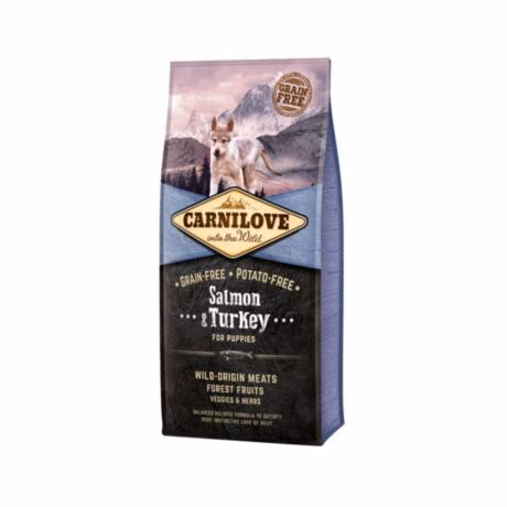 Carnilove Salmon & Turkey Puppy é uma fórmula sem cereais e sem batata para cachorros de todas as raças (1 – 12 meses).