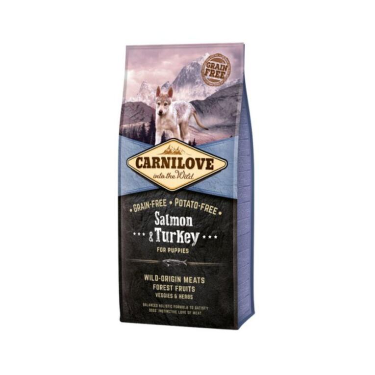 Carnilove Salmon & Turkey Puppy é uma fórmula sem cereais e sem batata para cachorros de todas as raças (1 – 12 meses).