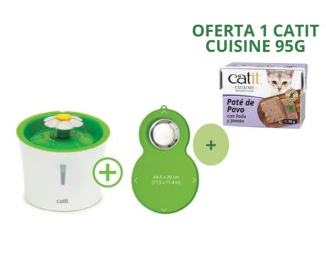 Já conhecemos todas as vantagens do Flower Fountain Catit, mas agora vem este Catit Combo com o clássico Fountain 3L, acompanhado do Peanut Placemat que inclui também o alimentador de aço inoxidável. Portanto, o comedouro e bebedouro para gatos perfeito.