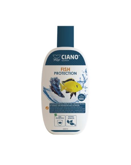 Ciano Fish Protection 100ml, protege as brânquias, pele e barbatanas dos peixes com extratos de plantas naturais e vitaminas indispensáveis às quais os peixes estão habituados no seu habita natural. Mas além disso, funciona como um revestimento natural que protege os peixes das causas de doenças, com efeito duradouro.