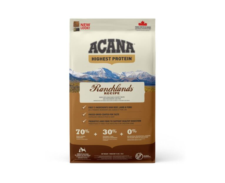 Acana Ranchlands Recipe é carregado com carnes cruas e peixes de lago de água doce.