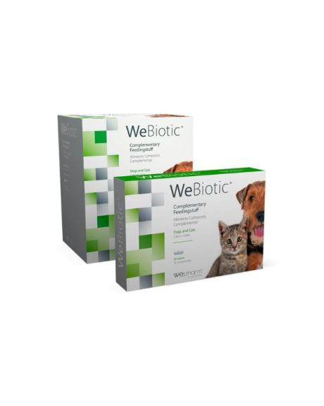 WeBiotic - Comprimidos é um alimento composto complementar para cães e gatos que contém organismos e outras substâncias que auxiliam a função digestiva normal.