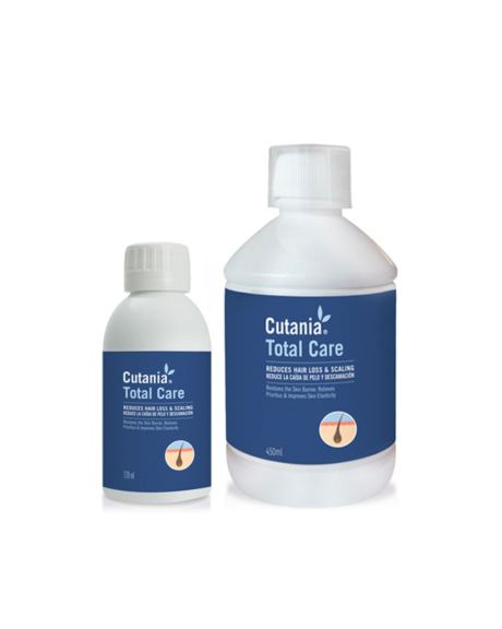 Cutania HairControl Total Care é um suplemento dermatológico de alta potência para reduzir o tempo da muda de pelo e descamação excessivas, nutrir o pelo danificado e ajudar no maneio de dermatopatias em cães e gatos.
