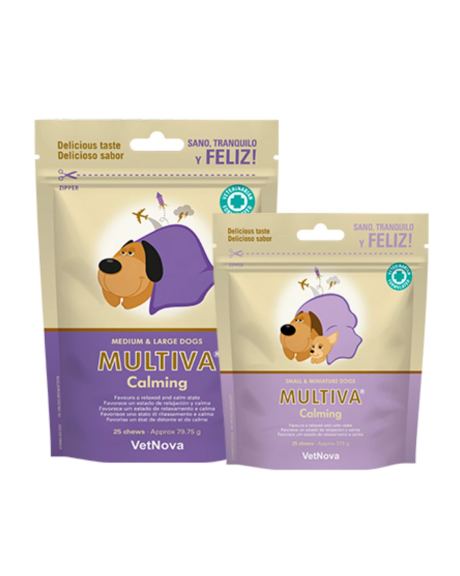 Snaks Multiva Calming Gatos e Cães é um suplemento nutracêutico de fórmula sinérgica para favorecer um estado de acalmar e tranquilidade em gatos e cães com ansiedade e /ou problemas de stress formulados em chews de alta palatabilidade.