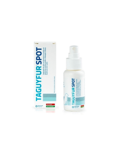 Taguyfur Spot Spray - Inflamações Cutâneas é uma solução de aplicação tópica, coadjuvante de ações de tratamento em situações de piodermites, eczemas, prurido e inflamações cutâneas da pele para cães e gatos.