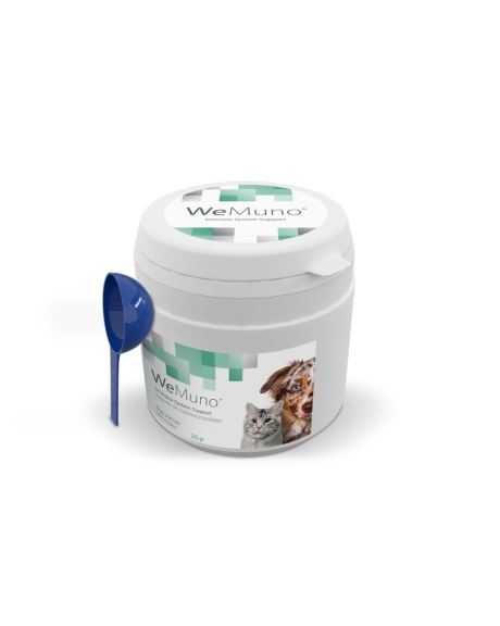 WeMuno - Suporte Sistema Imunitário é um alimento complementar para cães e gatos, criado para apoiar o sistema imunitário. Contém Ashwagandha, Shiitake, Curcumina e extrato de Chá Verde, que visam restablecer o sistema imunitário e fornecer uma fonte de vitaminas, minerais, ferro e selénio para aumentar a energia e vitalidade. 