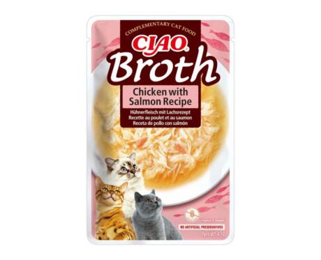 Churu Broth Frango começa com caldo de galinha sedoso feito de galinhas 100% naturais criadas em fazendas e não contém grãos, conservantes ou corantes artificiais.
