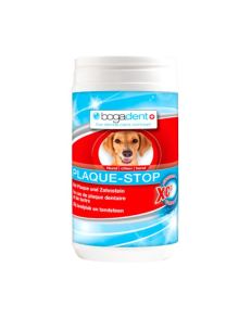 Bogadent Cão Plaque-Stop 70g é um suplemento alimentar para cães usado na manutenção da higiene oral e apoio à limpeza diária dos dentes.