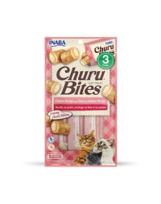 Churu Bites é um cremoso e irresistível purê Churu envolto em pequenos pedaços de frango húmido