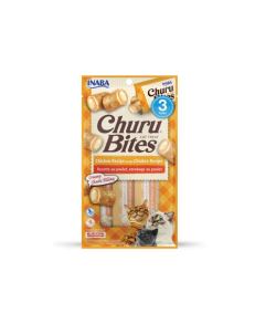 Churu Bites é um cremoso e irresistível purê Churu envolto em pequenos pedaços de frango húmido.