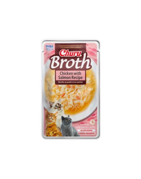 Churu Broth Frango começa com caldo de galinha sedoso feito de galinhas 100% naturais criadas em fazendas e não contém grãos, conservantes ou corantes artificiais.