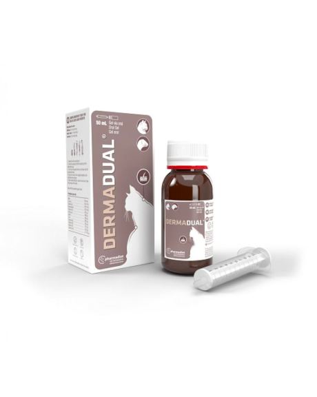 Dermadual Em Gel Oral Gatos é um suplemento dietético na forma de gel, com malta, para gatos.