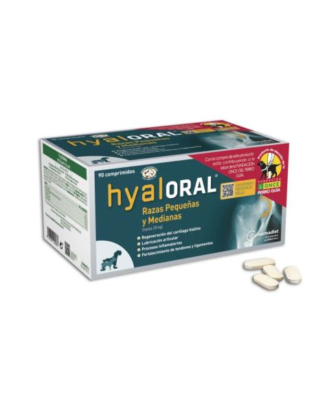 Hyaloral Cães Pequenos, Médios e Cachorros é um suplemento alimentar condroprotetor em formato comprimido