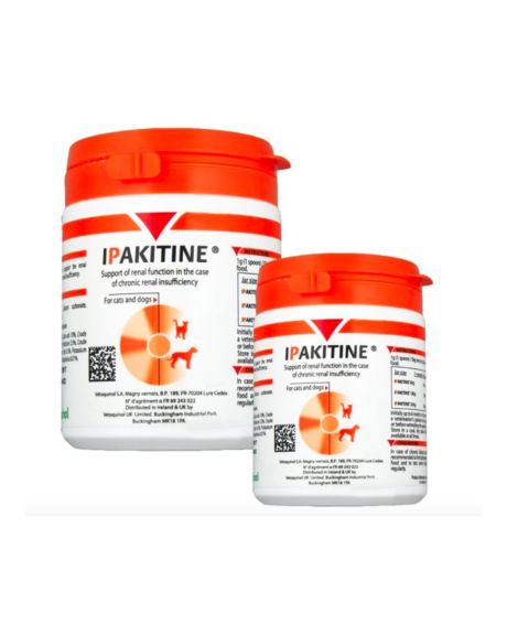 Ipakitine é um complemento nutricional terapêutico que ajuda a uma boa função renal em caso de insuficiência renal crónica em cães e gatos.