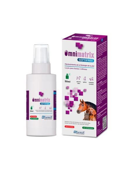 Omnimatrix Septifree Spray é uma loção cicatrizante em spray para promover a cicatrização e a manutenção das propriedades fisiológicas da pele. Indicado para cães, gatos e cavalos.