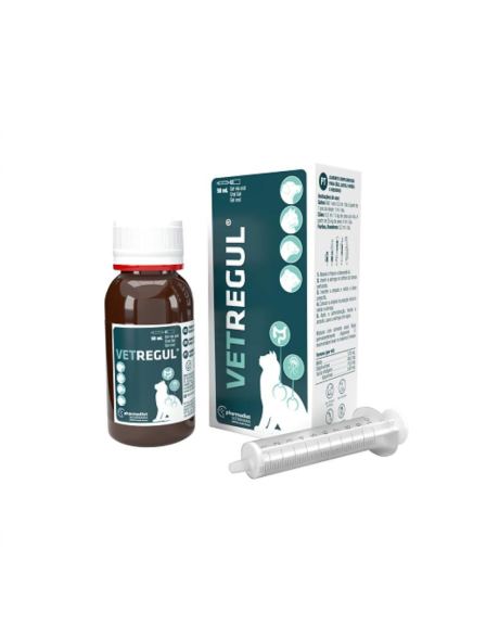 Vetregul 50ml é uma fórmula com nutrientes que ajudam o sistema digestivo em desequilíbrios pontuais ou prolongados no tempo, em gatos, cães, furões e roedores.