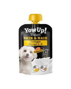 YowUp Cão Iogurtes Salmão 85 Gr - Skin & Hair é um iogurt para gato que contém óleo de peixe, ômega 3, colágeno e salmão.