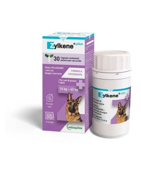 Zylkene Plus 15-60kg ajuda a minimizar a ansiedade em situações diversas, tais como viagens, mudanças de ambiente, comportamentos sociais, idas ao veterinário, fogo de artifício, entre outras.