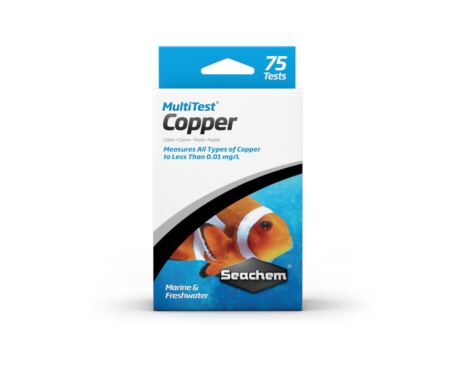  O Seachem MultiTest Copper realiza mais de 75 testes e contém uma amostra de referência para validação.