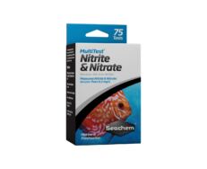 Seachem Multitest Nitrito/Nitrato mede nitrito em menos de 0,1 mg/L e nitrato em menos de 0,2 mg/L em água doce ou salgada.