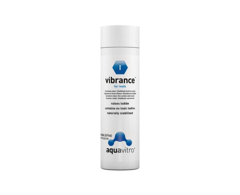 Aquavitro Vibrance é uma fonte de iodeto de potássio altamente concentrada (10.000 mg/L) naturalmente estabilizada para aquários de recife que irá restaurar e manter os níveis de iodeto aos encontrados na água do mar natural.