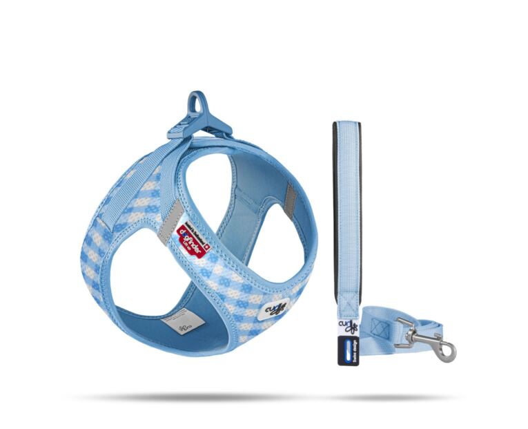 Peitoral com Trela Curli Clasp Cachorro Azul indicado para cães ainda na fase de cachorros.