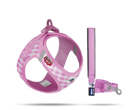 Peitoral com Trela Curli Clasp Cachorro Rosa indicado para cães ainda na fase de cachorros.