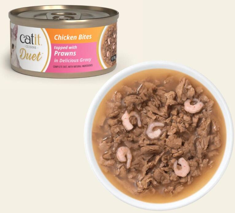 Catit Cuisine Duet Bocadinhos de Frango com Gambas em Caldo Natural 75g é uma comida húmida premium para gatos, elaborada com ingredientes naturais e de elevada qualidade.