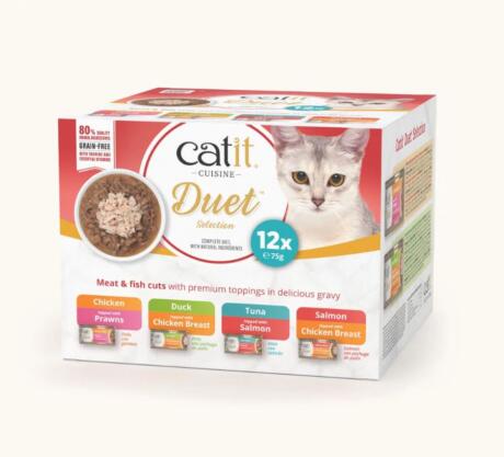 Catit Cuisine Duet Pack 12 x 75g é uma comida húmida premium para gatos, elaborada com ingredientes naturais e de elevada qualidade.