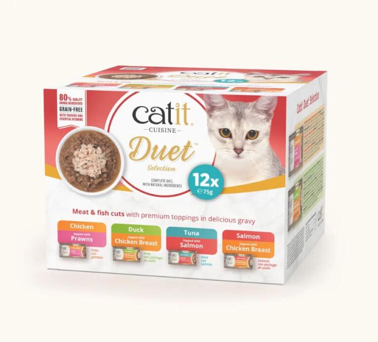 Catit Cuisine Duet Pack 12 x 75g é uma comida húmida premium para gatos, elaborada com ingredientes naturais e de elevada qualidade.