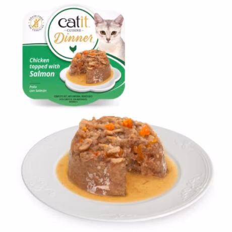 Catit Cuisine Dinner Frango com molho de Salmão , uma opção de comida húmida premium para gatos disponível em vários sabores irresistíveis.