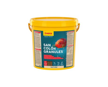 O Sera San Color Granules é um alimento realçador de cores para peixes ornamentais que se alimentam na zona média da água.