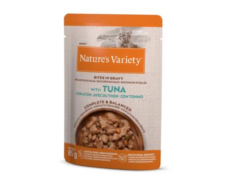 Alimento húmido Nature's Variety Bites in Gravy Gato Adulto Atum e Vegetais saqueta 85g.