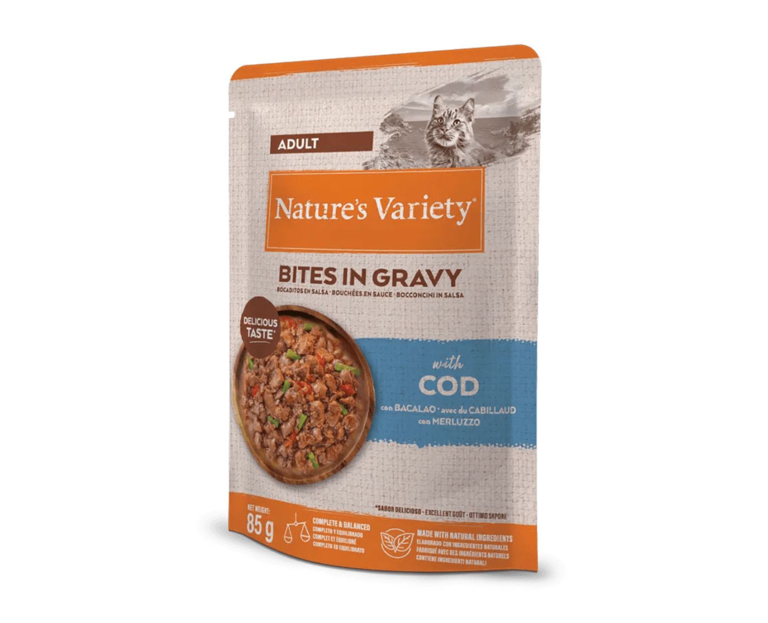 Nature’s Variety Bites in Gravy Gato Adulto Bacalhau Alimento Húmido 85g