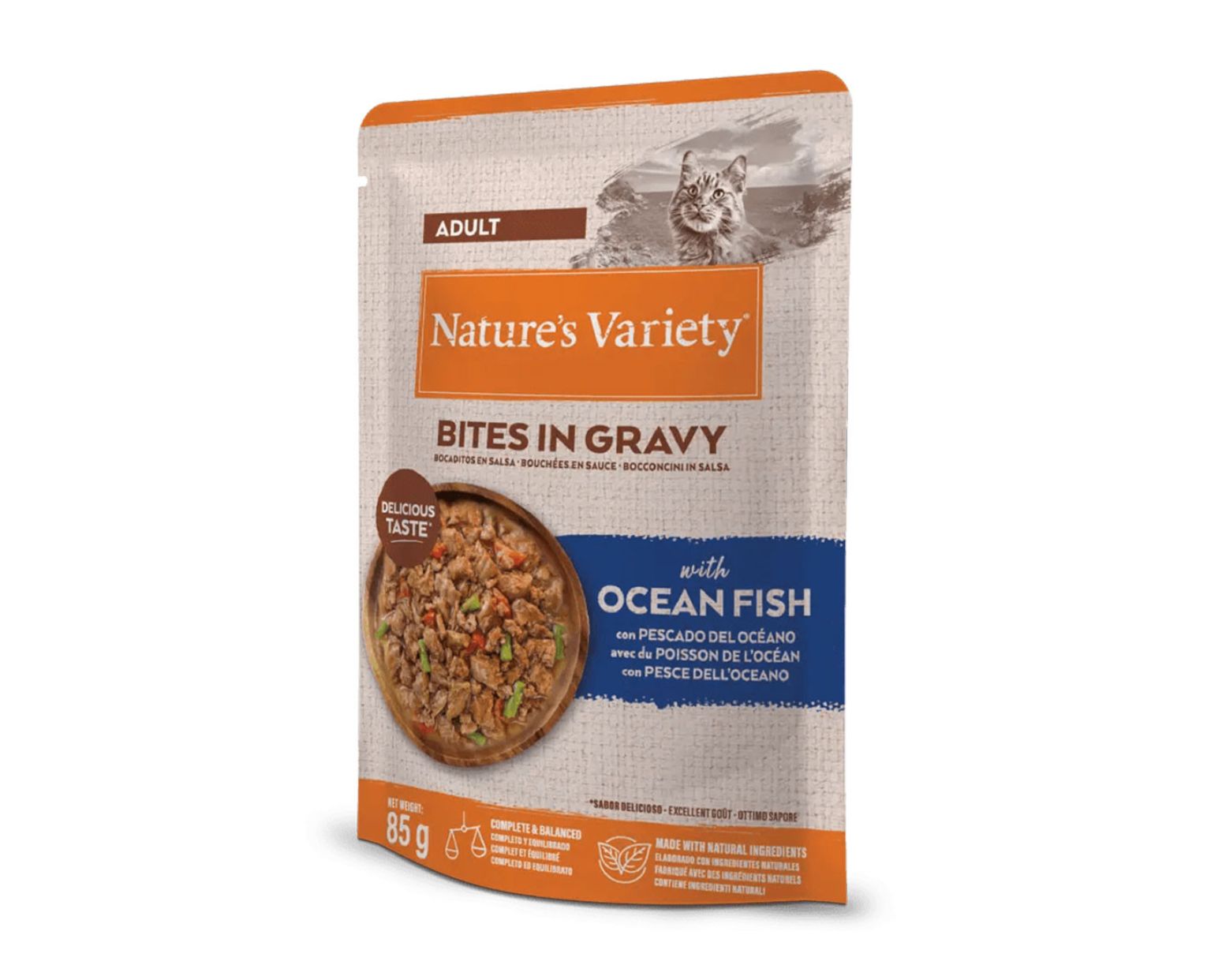 Nature’s Variety Bites in Gravy Gato Adulto Peixe do Oceano Alimento Húmido 85g
