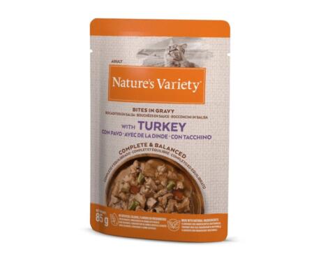 Alimento húmido Nature's Variety Bites in Gravy Gato Adulto Peru e Vegetais saqueta 85g.