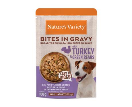 Alimento húmido Nature's Variety Bites in Gravy Mini Peru e Feijão Verde.