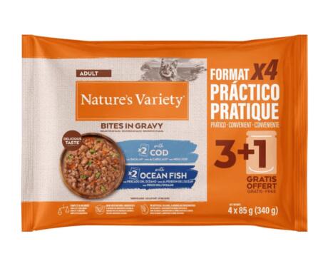 Nature's Variety Multipack Gato Adulto Bacalhau e Peixe do Oceano com Tomate e Feijão-Verde 4 x 85g.