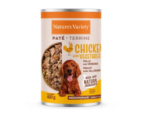 Lata de Paté Nature's Variety Medium Maxi Frango 400g para cão de porte grande e médio sem cereais.