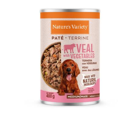 Lata de Paté Nature's Variety Medium Maxi Vitela 400g para cão de porte médio e grande sem cereais.