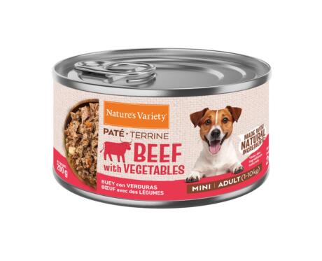 Lata de Paté Nature's Variety Mini Vaca e Legumes 200g para cão pequeno.