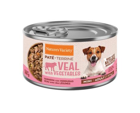 Lata de Paté Nature's Variety Mini Vitela e Legumes 200g para cão pequeno sem cereais.