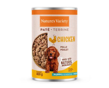 Lata de Paté Nature's Variety Puppy Medium Maxi Frango 400g para cachorro de porte médio e grande.