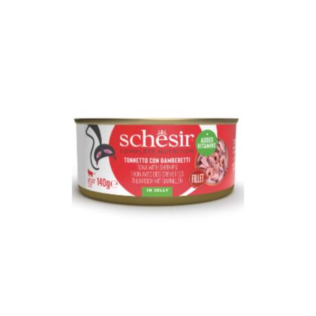 Embalagem de Schesir Cat de 85g, sabor atum com gambas, ideal para gatos adultos que preferem texturas em gelatina.