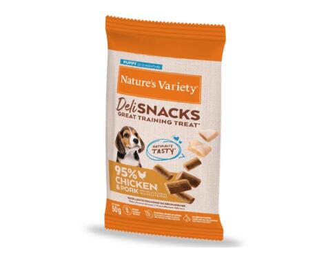 Snack natural para cachorro Nature's Variety Deli Snacks Frango e Cordeiro.