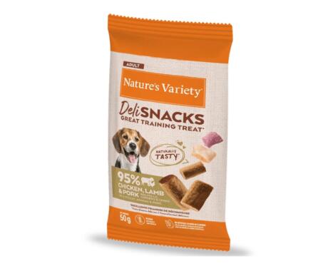 Snack para cão natural Nature's Variety Deli Snacks Frango e Cordeiro.