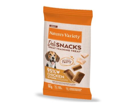 Snack para cão natural Nature's Variety Deli Snacks de Frango e Porco sem cereais.