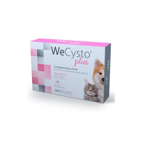 Embalagem de WeCysto Plus Comprimidos para tratamento de cistite em cães e gatos.